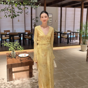 VKSOD | French Vintage Printed V-neck Long Dress Womens Summer Holiday Waist-cinching Slim A-line Dress High Waist Long Skirt