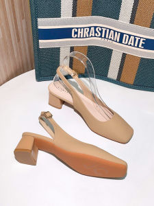 รองเท้าแตะส้นหนาสไตล์ฝรั่งเศส ทรงหัวเหลี่ยม สำหรับผู้หญิง ฤดูใบไม้ผลิและฤดูใบไม้ร่วง สีกากี รองเท้าส้นสูงแบบสวมสบาย
