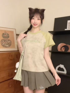 Retro Tie Dye Shoulder Insert T-Shirt Embroidered Loose Short Sleeve Womens Fashion Korean Style Cotton Blend Summer Top