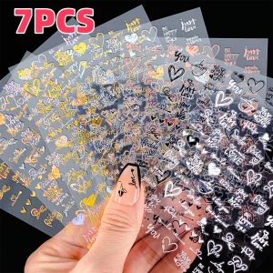 7Pcs/Set 3D Heart Love/Letter Nail Stickers Laser English Letters Self-Adhesive Nails Decals Decorations DIY Manicure Accessory