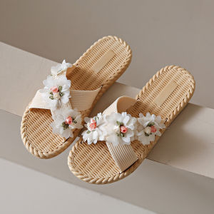 IELGY 2025 Cloth Flower Three Flower Slippers Womens Flat Beach Shoes Women