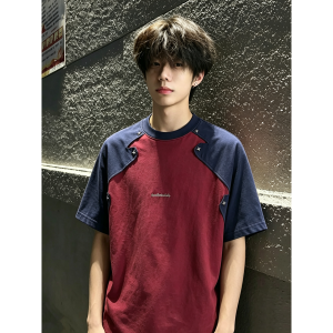 OUMULONG | Wine Red Stud Embroidered Color Blocking T-shirt