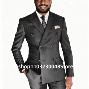 Bộ Vest Nam Hai Mảnh Kẻ Sọc Đen Kiểu Dáng Ôm Sát Ve Nhọn Cài Đôi Thích Hợp Cho Đám Cưới Chú Rể Công Việc Trang Trọng Và Thường Ngày.