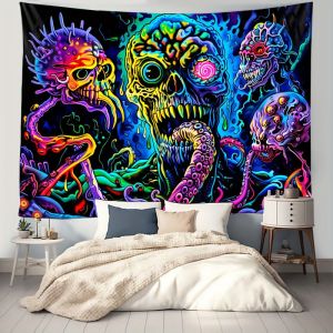 VIKAMA Trippy Skull Octopus Psychedelic Goth Blacklight Tấm Thảm Treo Tường Thẩm Mỹ Phòng Ngủ Ký Túc Xá Trang Trí Tiệc Hình Chữ Nhật Polyester