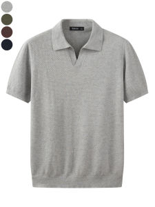 18555 Pineapple Pin Texture Half Open Lapel Stretch Men Spring Summer Autumn American Casual Breathable Short Sleeve Knitting T-shirt