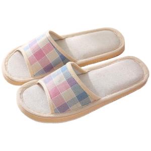 House Slippers For Women Fashion Checkered Slippers Breathable Flax Open‑Toe Slipper Non‑Slip Lightweight Indoor Bedroom Slipper