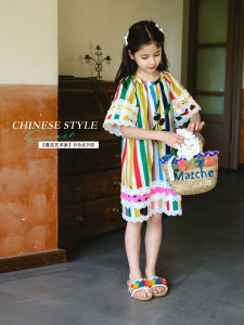 Váy Trẻ Em Mùa Hè Mỏng Màu Cầu Vồng Bãi Biển Thường Ngày Bằng Vải Cotton Dài Tay Cổ Tròn Cho Bé Gái Váy Trẻ Em Mùa Hè