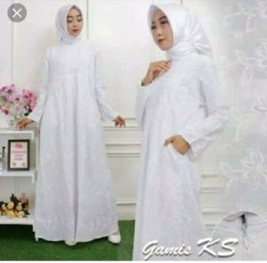 PERLENGKAPAN HAJI//GAMIS HAJI/UMROH WANITA//GAMIS PUTIH MOTIF RENDA KS.
