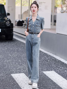 Slimming High Waist Denim Overalls Womens Summer New Style Thin Workwear Pants Jumpsuit Comfortable Commute Pocket Detail