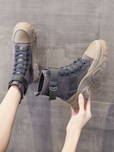 Womens Martin Boots Canvas Western Cowboy Style High Top Spring Autumn Fashion Boots Thick Bottom Inner Heightening