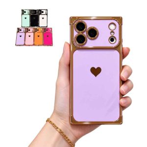 Luxury Electroplated Love Heart Phone Case For iPhone 18 Pro Max 17 air 16 plus 15 14 Square Gold Frame Camera Protection Shockproof Soft TPU Cover For Women Girls