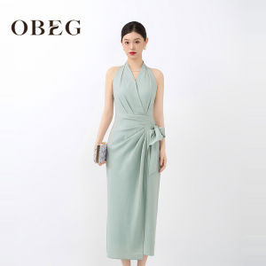 Elegant OBEG French Style Hanging Neck Dress Womens Summer New Party Dress Sleeveless Waist Cinched Gown for Ladies
