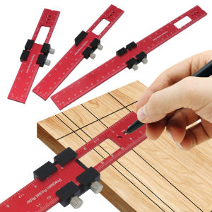 Woodworking Tools Ruler - Pocket Ruler Layout Tool Aluminum Precision Ruler with T-Track Metal Slide StopsInch and Metric Scale