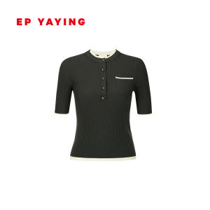 EP YAYING Womens Knitted Top round Neck Short Sleeve Texture Vertical Stripes Minimalist Style Early Autumn New Arrival