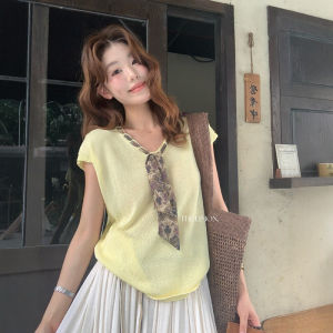 CHOEFULYN | V-Neck Scarf Vintage Loose Fit Womens T-shirt