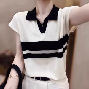 Stripe V-Neck Thin Icesilk Short Sleeve T-Shirts