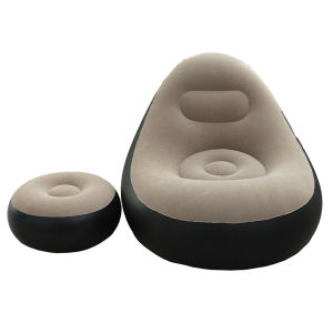 PVC Flocking Inflatable Folding Lazy Sofa with Foot Stool Portable Air Sofa for Bedroom Living Room Reading Room