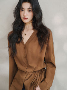 Vintage Lazy Atmosphere V-Neck Tied Waist Long Sleeve Shirt