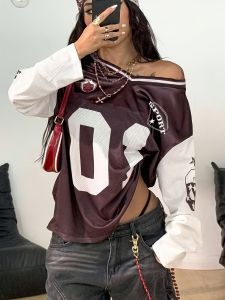 Womens Vintage American Sports V-neck Long Sleeve T-shirt Loose Fashion Casual Number Print Personality Comfortable Tee Tops