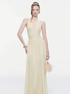 Đầm Dây Vòng Cổ Phong Cách Pháp Hở Lưng Đính Dây Slimming