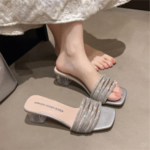 DIANCHA | Crystal Decorated Sandals with Block Heels and Square Toe