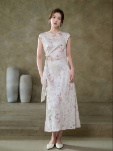 JK＆JS | Chinese Style Embossed Floral Print Waist-Tying Dress