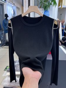 Fall Winter Knitted Shoulder Bared Base Shirt Women plus Size Loose Slimming Woolen Top Korean Style round Neck Long Sleeve Casual Wear