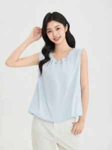 SANFU | Summer New Style French Sleeveless Blouse Flower Bud Hem Front Collar Beading