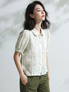 Miccbeirn | Pure Linen Floral Print Sweet Bubble Sleeve Short Sleeve Shirt Girlish Feel Doll Shirt Casual Loose Fit Summer Fashion Top