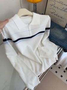 เสื้อสเวตเตอร์คอโปโลลายทางถักแขนยาวแบบมีซิปครึ่งตัวสำหรับผู้หญิงไซส์ใหญ่ ฤดูใบไม้ร่วง/ฤดูหนาว ผ้าถัก ผ้าขนสัตว์ ปกติ