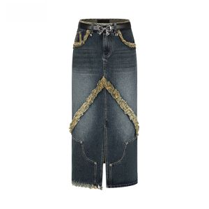 Retro Handmade Flocking เดนิม ยาว กระโปรง แฟชั่น ลำลอง แบรนด์ดีไซเนอร์ 4Mile Street Rock Natural เอว H-Shape ผ้าฝ้าย 100%