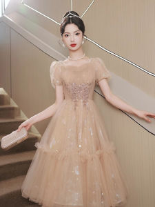 Elegant Princess Style Evening Gown for Women mid Waist Sequin Embellished Short Sleeve Midi Length Adult Ceremony Dress