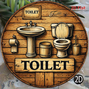 CIFbuy | 2D Vintage Metal Toilet Sign Round Aluminum Bathroom Wall Decor Plaque Hotel Public Restroom Rustic Farmhouse Ornament Gift