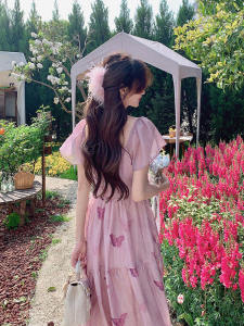 Pink Butterfly French Style Beautiful Dress Summer Gentle Tea Break Vacation Orange Dandelion Fairy Skirt Womens Fashion
