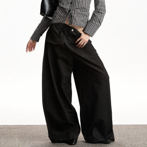 VATTY American Retro Womens Casual Pants Drapey Wide Leg Straight Cut Slimming Knife Edge Multi-Pocket Loose Fit Trousers