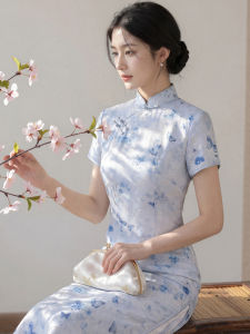 Elegant Slimming Cheongsam-style Short Sleeve Blue Dress for Mothers Summer