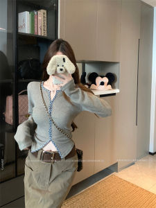 Slim Fit Plaid Knit Long Sleeve Top Womens Fashion Design Half Open Collar Autumn Style Cotton 100% Trendy Girl Design