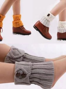 Womens Knitted Leg Warmers Woolen Foot Coverings with Button Cuffs Boot Socks Ankle Protection Knee High Winter Warmers