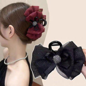 Elegant Temperament Mesh Bow Hair Clip for Woman Seersucker Shark Clip Fashion Girls Back Head Hair Clamp