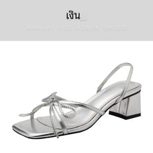 สีเงิน หนัง รุ่นภาษาฝรั่งเศสคํา เรียบหรู รองเท้าส้นสูงผู้หญิง ฤดูร้อน สวมใส่กลางแจ้งปมผีเสื้อส้นหนาสแควร์หัวบุคลิกภาพนิ้วเท้าแสง