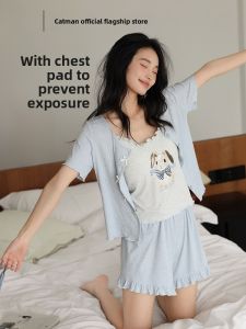 miiow | Cat Woman Sleepwear Set With Chest Pad Thin Short Sleeve Home Clothes Sweet Style Youth Suitable Polyester Blend Summer Outfit