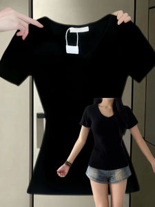Black Short Sleeve V-Neck T-Shirt Womens Summer Slim Fit Waist-Cinching Fashionable Korean Style Cotton Blend Top