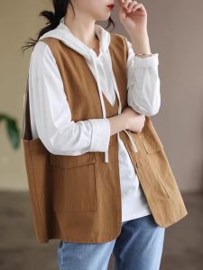 Loose Casual Sleeveless Pure Color Womens Vest Jacket Autumn New Style 2025 Comfortable V-Neck Button-Up Backless Top
