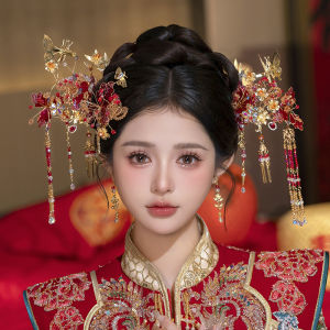 เครื่องประดับผมสไตล์จีนสำหรับเจ้าสาว 2025 ใหม่ ทองแดงแดงสีทองแดงสุดหรูหรา สไตล์เรียบง่าย เครื่องประดับผมสำหรับงานแต่งงาน