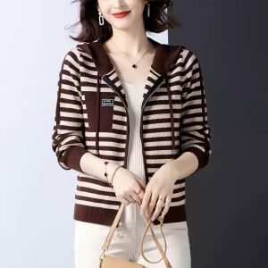 Áo Khoác Cardigan Dệt Kim Dài Tay Kẻ Sọc Cho Nữ Mùa Xuân Thu 2024 Áo Khoác Ngoài Cardigan Dệt Kim Dáng Rộng Phong Cách Hàn Quốc