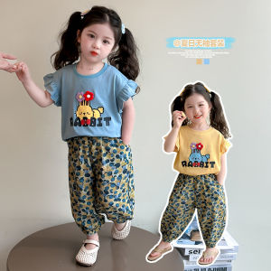 Girls Summer Outfit 2025 New Cartoon Cotton Mosquito-Resistant Pants Two-Piece Set Breathable Short-Sleeve T-Shirt Summer Clothes