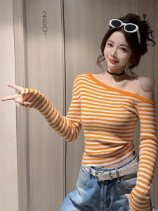 Slim Fit Striped Long Sleeve T-Shirt Womens Style Trendy Shoulder Baring Short Top Korean Version Knitted Moisture Wicking