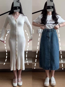 Cao Vòng Eo Dáng Chữ A Denim Váy Dành Cho Phụ Nữ Hình Quả Lê Chiều Dài Vừa Phải Có Chia Đôi Cỡ Lớn Có Sẵn梨形身材高腰开叉牛仔半身裙