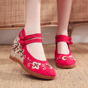 ฤดูใบไม้ผลิ ฤดูใบไม้ร่วง รองเท้าส้นสูงปัก ผู้หญิง รองเท้าพื้นหนาสไตล์แห่งชาติ ชนเผ่า สไตล์รองเท้าแม่รองเท้าแตะแพลตฟอร์ม