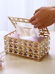 MallMainan-C1290 Tempat Tisu Kristal Elegan Kotak Tisu Gold Hiasan Ruang Tamu Tempat Penyimpanan